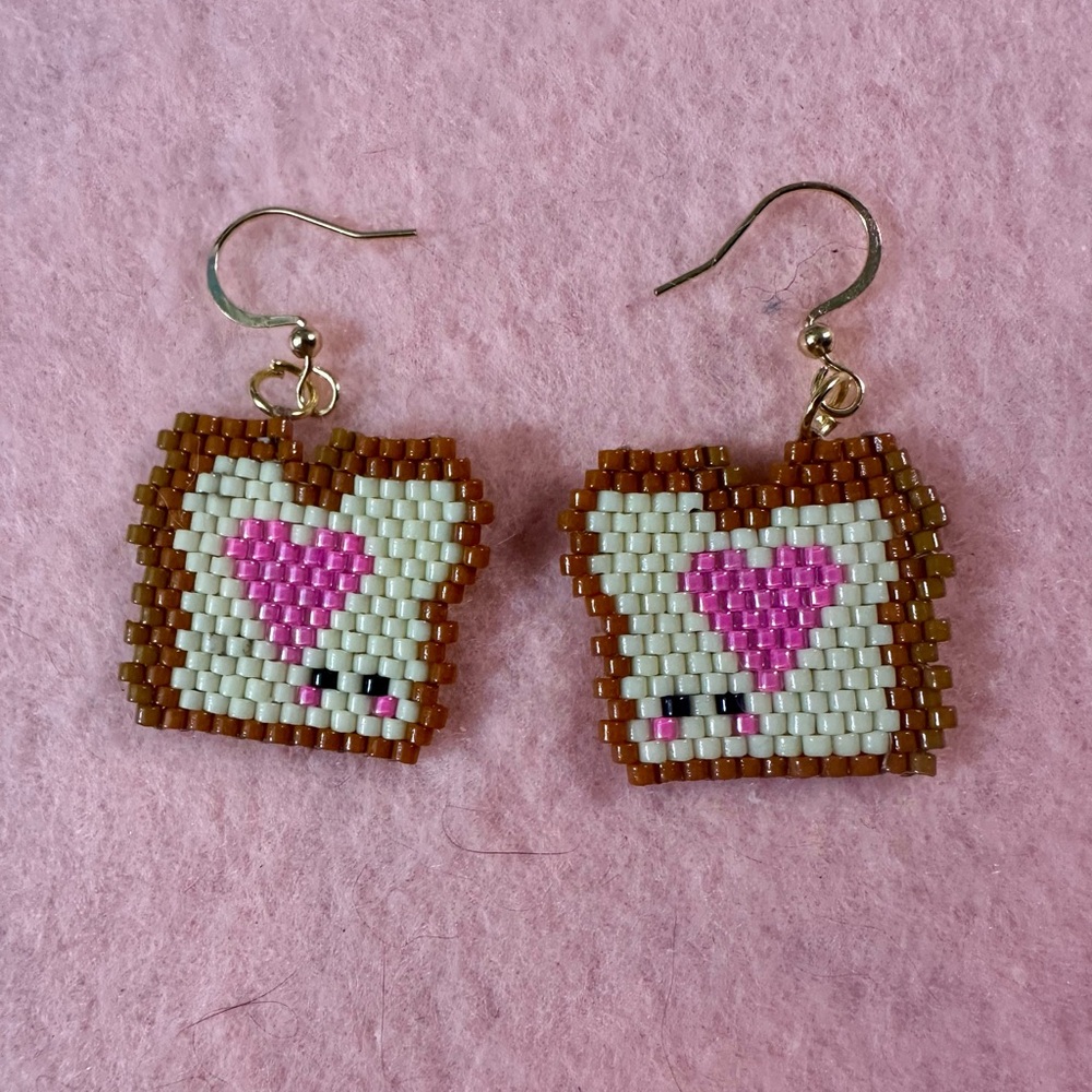 Cute Bread Chibi Beaded Heart Toast Earrings